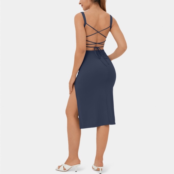 COPY - Halara Ruched Backless Crisscross Lace Up split Bodycon Midi Casual Dress - Picture 2 of 4